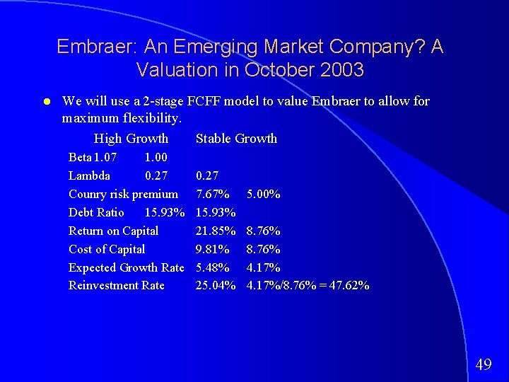 Embraer: An Emerging Market Company? A Valuation in October 2003 We will use a