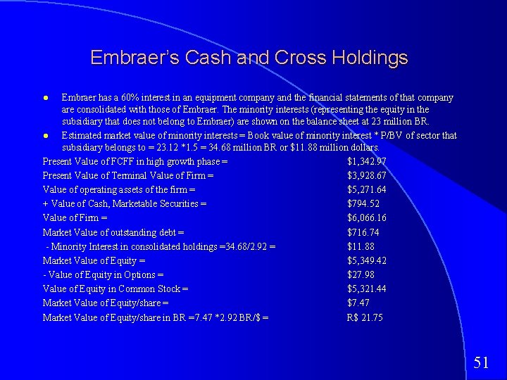 Embraer’s Cash and Cross Holdings Embraer has a 60% interest in an equipment company