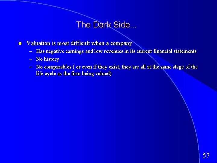 The Dark Side. . . Valuation is most difficult when a company – Has