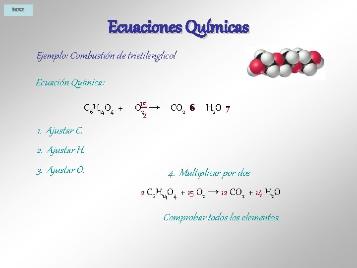 ÍNDICE Ecuaciones Químicas Ejemplo: Combustión de trietilenglicol Ecuación Química: C 6 H 14 O