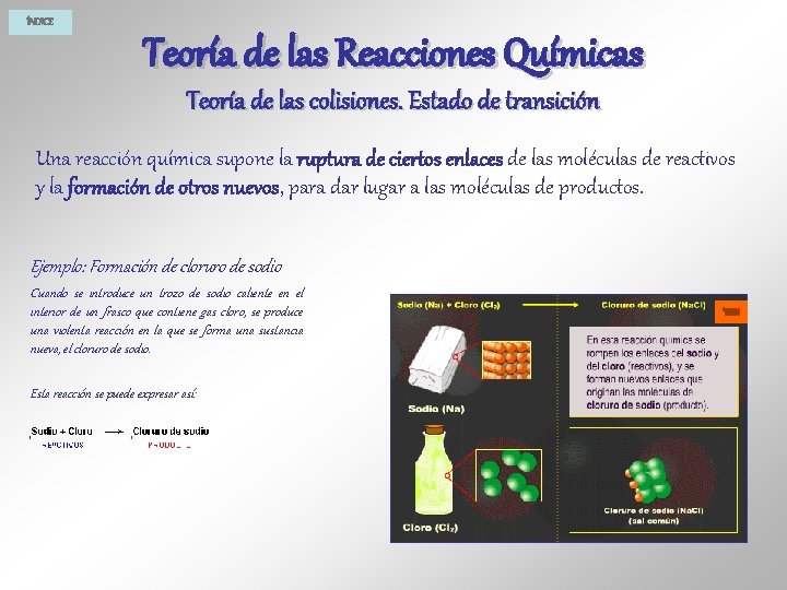 ÍNDICE Teoría de las Reacciones Químicas Teoría de las colisiones. Estado de transición Una