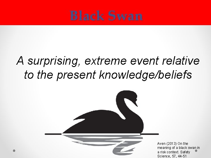 Black Swan A surprising, extreme event relative to the present knowledge/beliefs Aven (2013) On