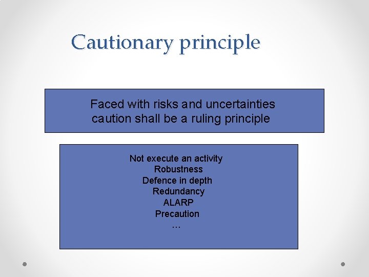 Cautionary principle Faced with risks and uncertainties caution shall be a ruling principle Not