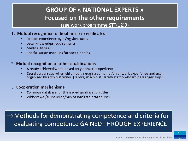 GROUP OF « NATIONAL EXPERTS » Focused on the other requirements (see work programme