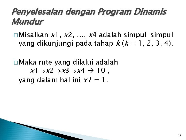 Penyelesaian dengan Program Dinamis Mundur x 1, x 2, …, x 4 adalah simpul-simpul