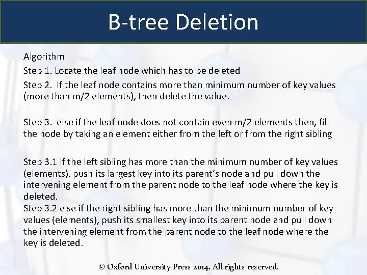 B-tree Deletion Algorithm Step 1. Locate the leaf node which has to be deleted