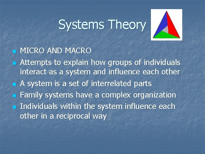 Systems Theory n n n MICRO AND MACRO Attempts to explain how groups of