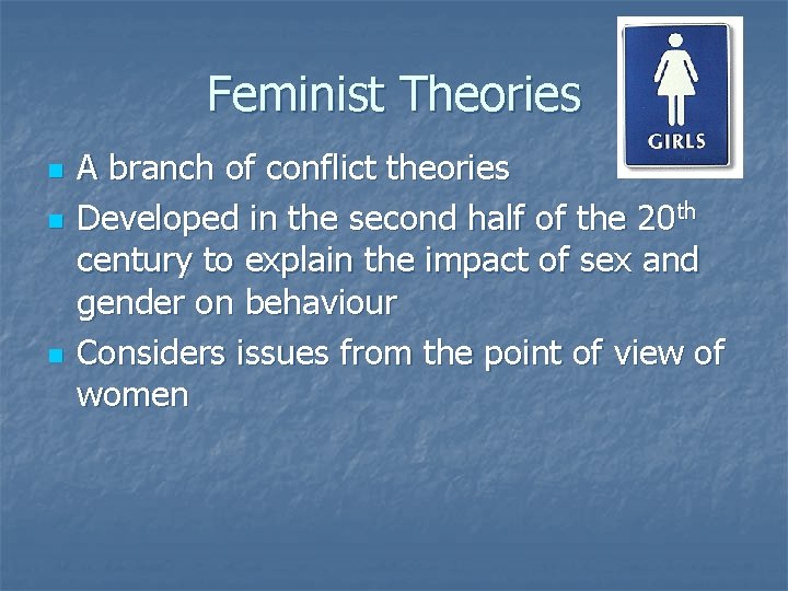 Feminist Theories n n n A branch of conflict theories Developed in the second