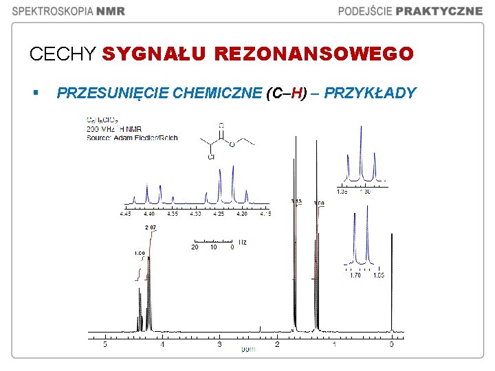 CECHY SYGNAŁU REZONANSOWEGO § PRZESUNIĘCIE CHEMICZNE (C–H) – PRZYKŁADY CECHY SYGNAŁU REZONANSOWEGO § PRZESUNIĘCIE CHEMICZNE (C–H) – PRZYKŁADY