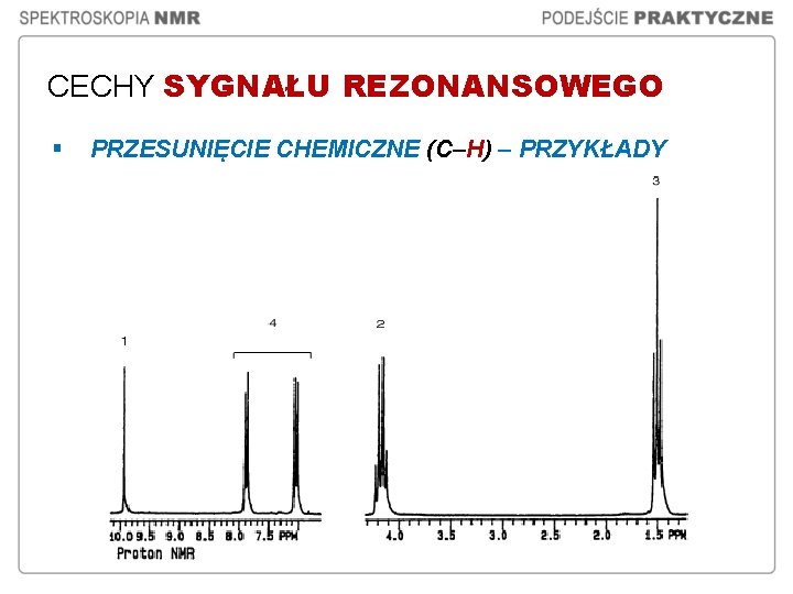 CECHY SYGNAŁU REZONANSOWEGO § PRZESUNIĘCIE CHEMICZNE (C–H) – PRZYKŁADY CECHY SYGNAŁU REZONANSOWEGO § PRZESUNIĘCIE CHEMICZNE (C–H) – PRZYKŁADY