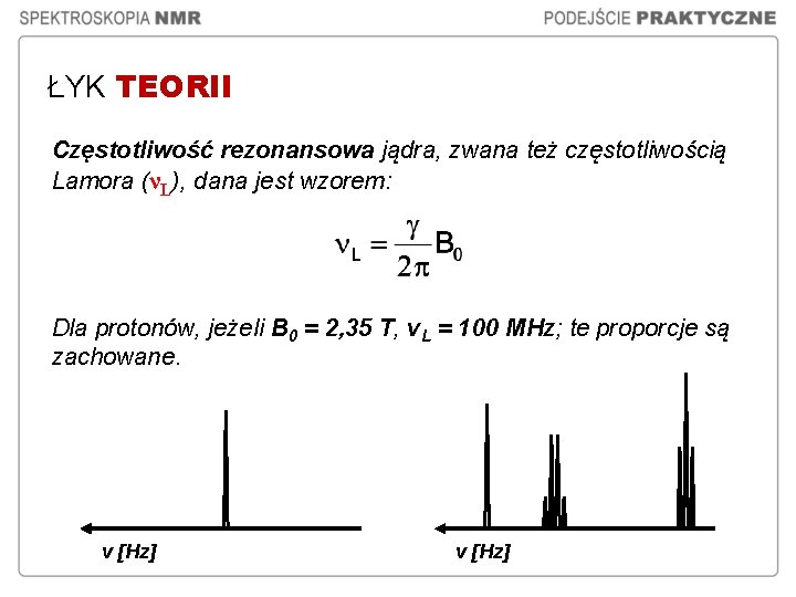 ŁYK TEORII Częstotliwość rezonansowa jądra, zwana też częstotliwością Lamora (νL), dana jest wzorem: Dla ŁYK TEORII Częstotliwość rezonansowa jądra, zwana też częstotliwością Lamora (νL), dana jest wzorem: Dla