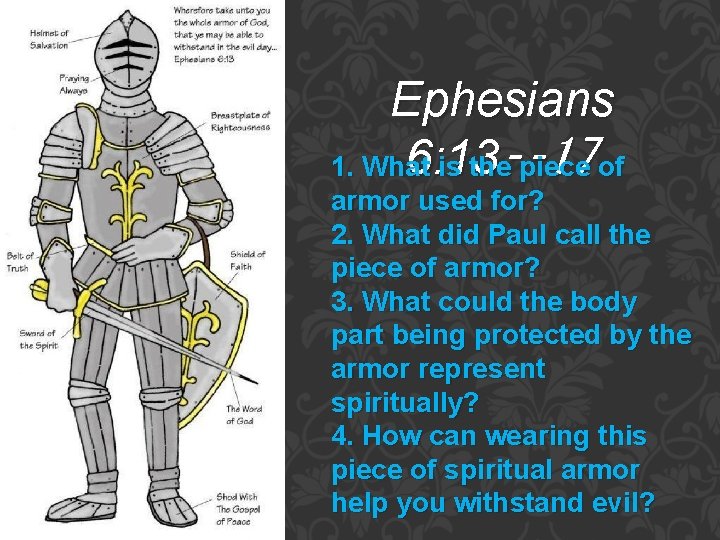 Ephesians 6: 13‑‑ 17 1. What is the piece of armor used for? 2.