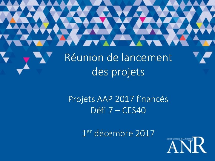 Réunion de lancement des projets Projets AAP 2017 financés Défi 7 – CES 40