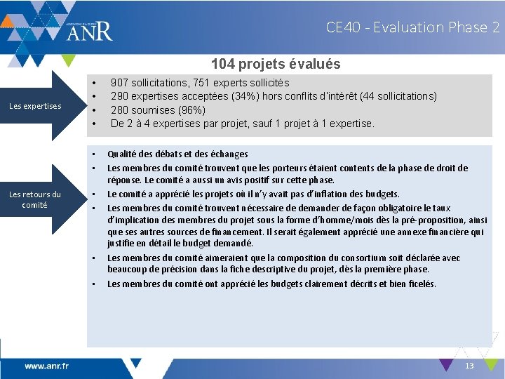 CE 40 - Evaluation Phase 2 104 projets évalués Les expertises • • •