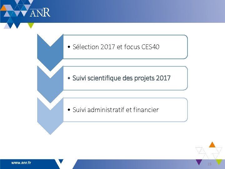  • Sélection 2017 et focus CES 40 • Suivi scientifique des projets 2017