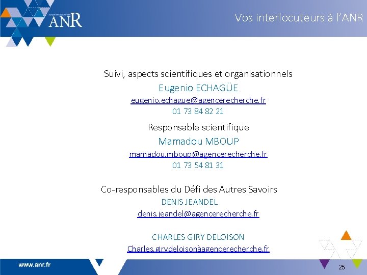 Vos interlocuteurs à l’ANR Suivi, aspects scientifiques et organisationnels Eugenio ECHAGÜE eugenio. echague@agencerecherche. fr