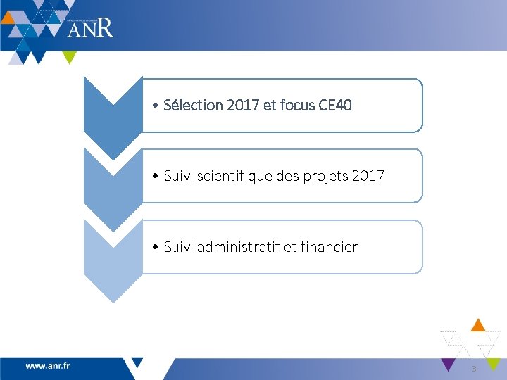  • Sélection 2017 et focus CE 40 • Suivi scientifique des projets 2017