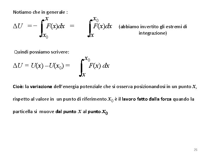 Notiamo che in generale : x ΔU = − F(x)dx = x 0 F(x)dx