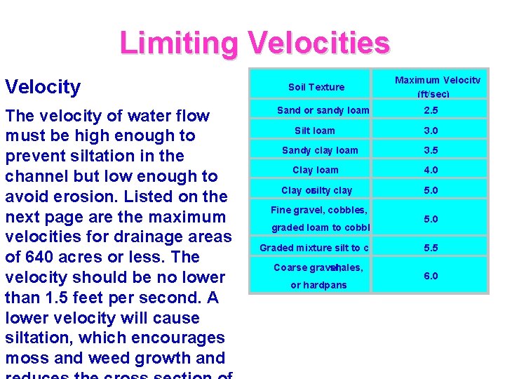 Limiting Velocities Velocity The velocity of water flow must be high enough to prevent