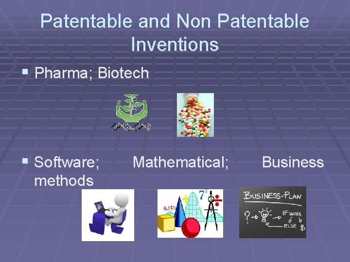 Patentable and Non Patentable Inventions § Pharma; Biotech § Software; methods Mathematical; Business 