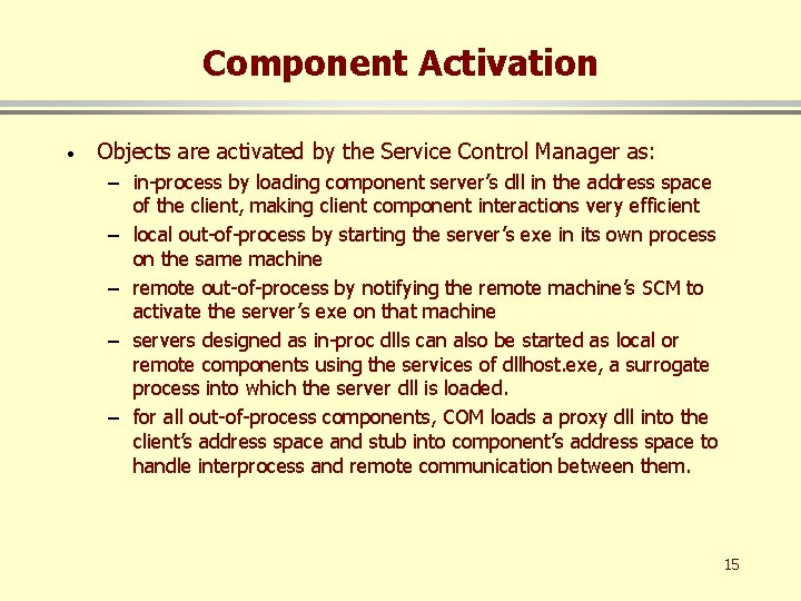 Component Activation · Objects are activated by the Service Control Manager as: – in-process