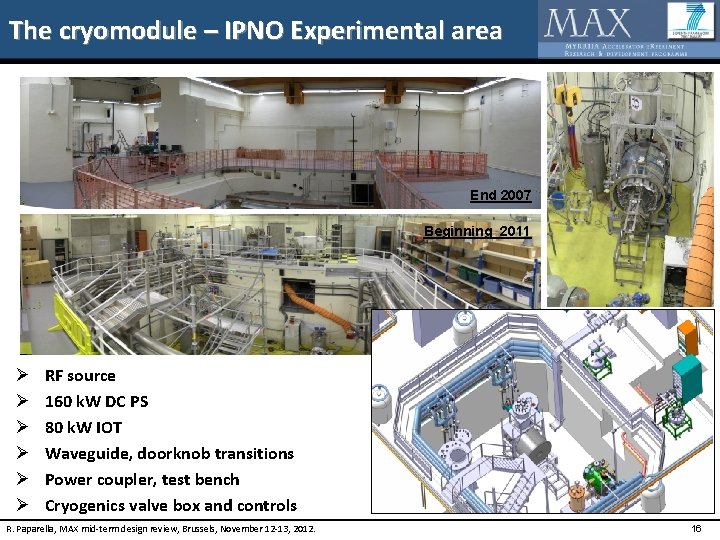 The cryomodule – IPNO Experimental area End 2007 Beginning 2011 Ø Ø Ø RF