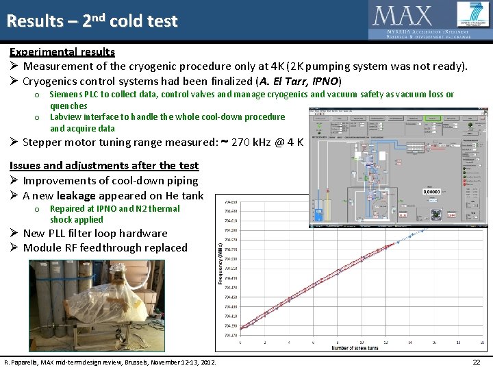 Results – 2 nd cold test Experimental results Ø Measurement of the cryogenic procedure
