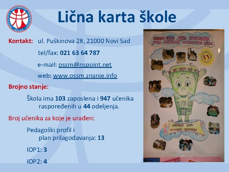 Lična karta škole Kontakt: ul. Puškinova 28, 21000 Novi Sad tel/fax: 021 63 64