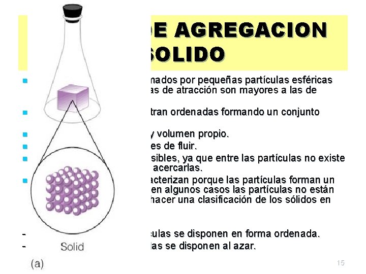 ESTADO DE AGREGACION SOLIDO n n n Pueden considerarse formados por pequeñas partículas esféricas