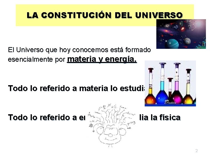 LA CONSTITUCIÓN DEL UNIVERSO El Universo que hoy conocemos está formado esencialmente por materia