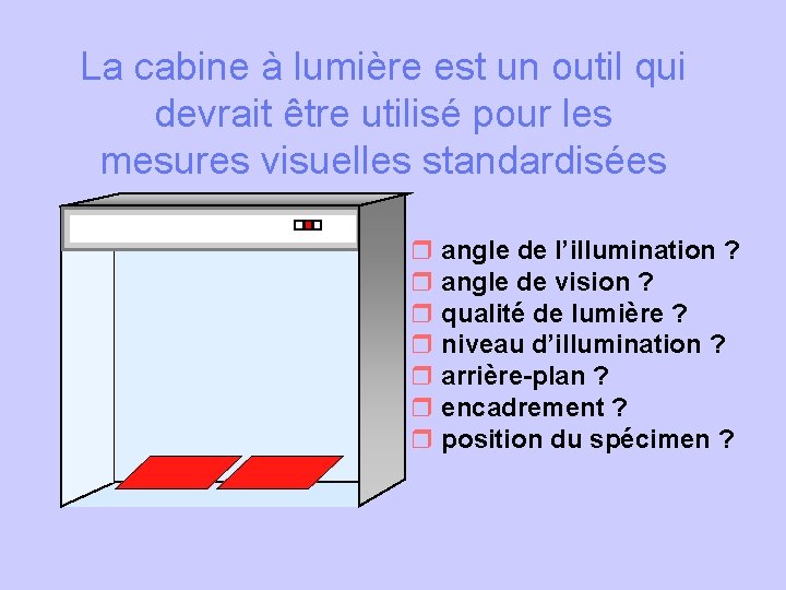 La cabine à lumière est un outil qui devrait être utilisé pour les mesures