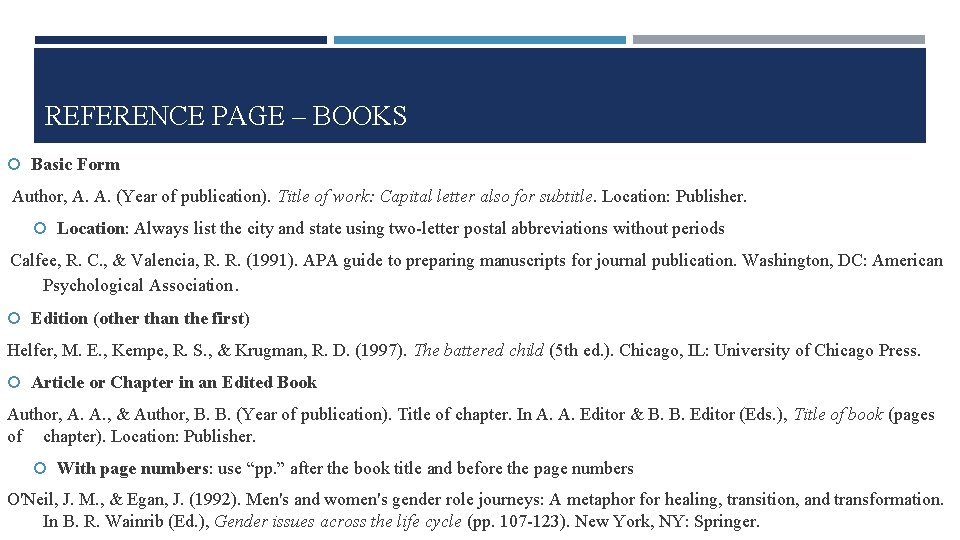 REFERENCE PAGE – BOOKS Basic Form Author, A. A. (Year of publication). Title of