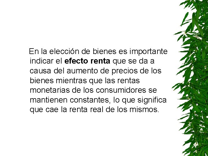  En la elección de bienes es importante indicar el efecto renta que se