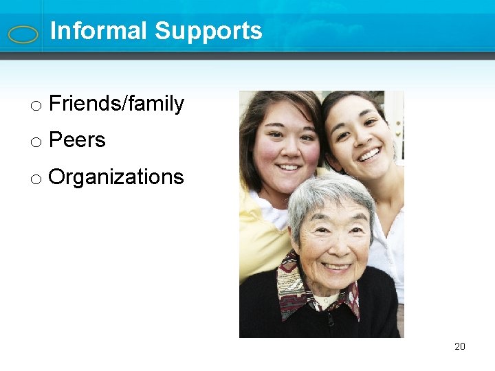 Informal Supports o Friends/family o Peers o Organizations 20 