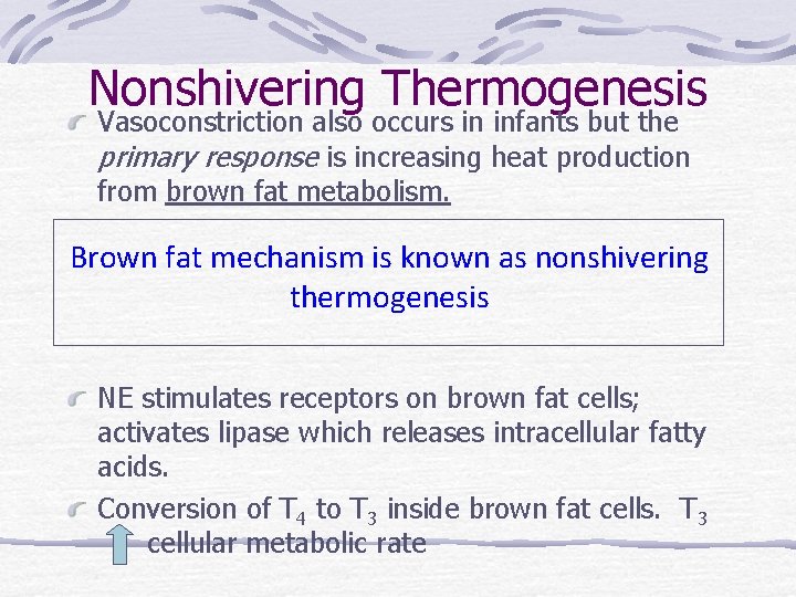 Nonshivering Thermogenesis Vasoconstriction also occurs in infants but the primary response is increasing heat