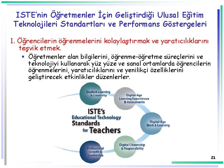 ISTE’nin Öğretmenler İçin Geliştirdiği Ulusal Eğitim Teknolojileri Standartları ve Performans Göstergeleri 1. Öğrencilerin öğrenmelerini