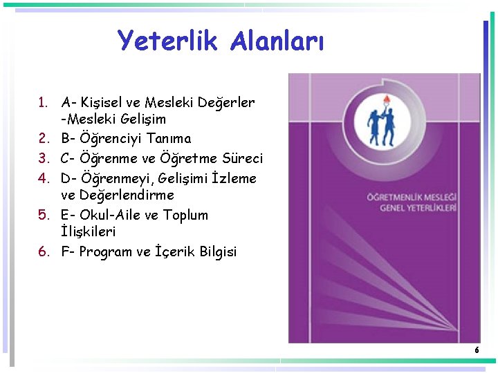 Yeterlik Alanları 1. A- Kişisel ve Mesleki Değerler -Mesleki Gelişim 2. B- Öğrenciyi Tanıma