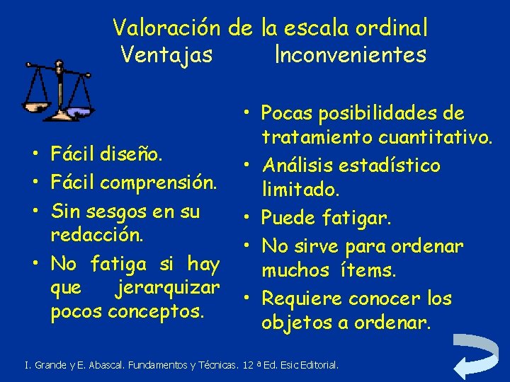 Valoración de la escala ordinal Ventajas lnconvenientes • Pocas posibilidades de • Fácil diseño.