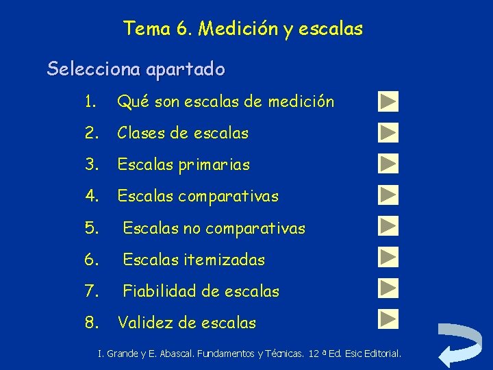 Tema 6. Medición y escalas Selecciona apartado 1. Qué son escalas de medición 2.