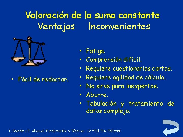 Valoración de la suma constante Ventajas lnconvenientes • Fácil de redactar. • • Fatiga.