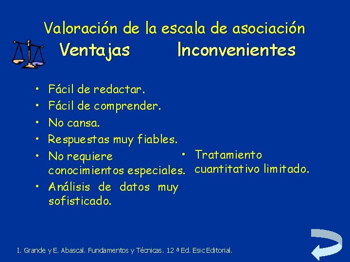 Valoración de la escala de asociación Ventajas lnconvenientes • • • Fácil de redactar.