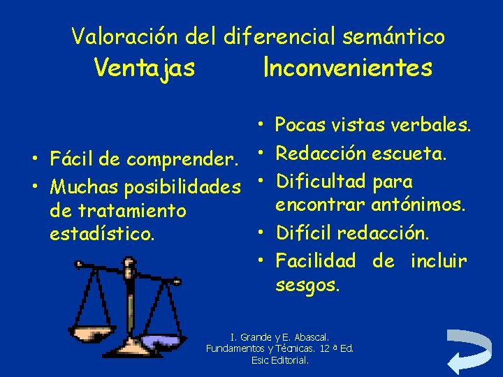 Valoración del diferencial semántico Ventajas lnconvenientes • Pocas vistas verbales. • Fácil de comprender.