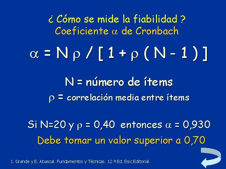 ¿ Cómo se mide la fiabilidad ? Coeficiente de Cronbach =N /[1+ (N-1)] N