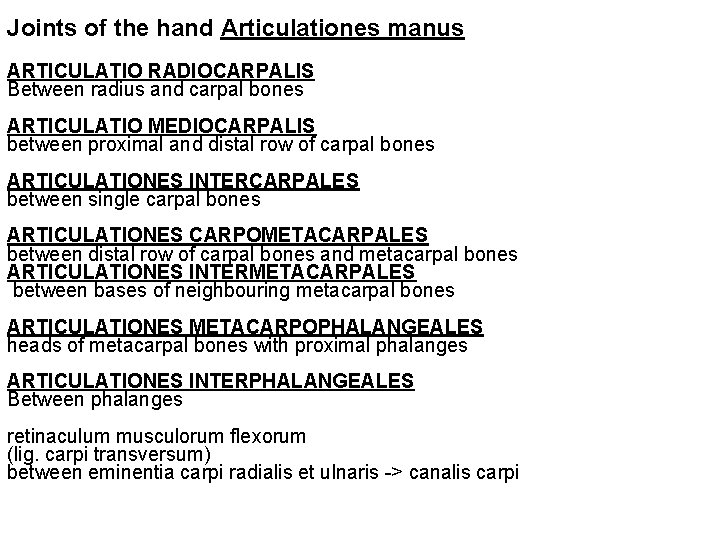 Joints of the hand Articulationes manus ARTICULATIO RADIOCARPALIS Between radius and carpal bones ARTICULATIO
