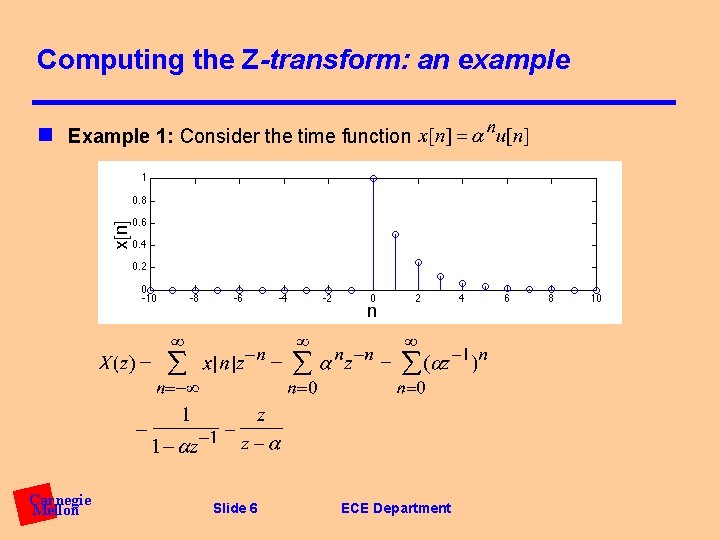 Computing the Z-transform: an example n Example 1: Consider the time function Carnegie Mellon