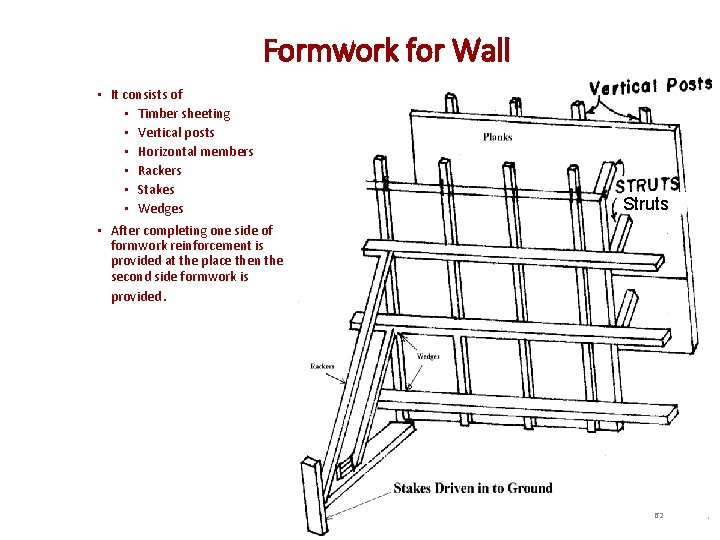 Formwork for Wall • It consists of • Timber sheeting • Vertical posts •