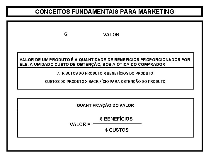 CONCEITOS FUNDAMENTAIS PARA MARKETING 6 VALOR DE UM PRODUTO É A QUANTIDADE DE BENEFÍCIOS CONCEITOS FUNDAMENTAIS PARA MARKETING 6 VALOR DE UM PRODUTO É A QUANTIDADE DE BENEFÍCIOS