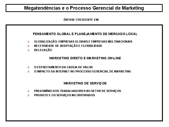 Megatendências e o Processo Gerencial de Marketing ÊNFASE CRESCENTE EM: PENSAMENTO GLOBAL E PLANEJAMENTO Megatendências e o Processo Gerencial de Marketing ÊNFASE CRESCENTE EM: PENSAMENTO GLOBAL E PLANEJAMENTO