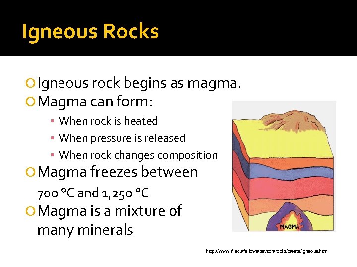 Igneous Rocks Igneous rock begins as magma. Magma can form: ▪ When rock is