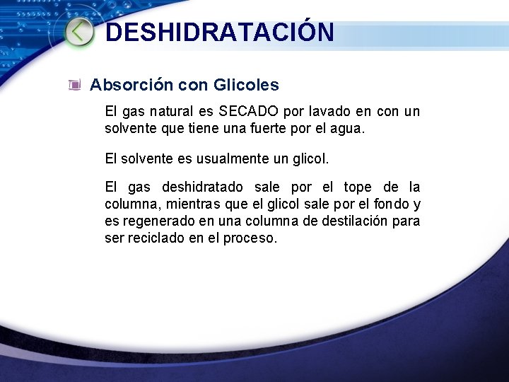 DESHIDRATACIÓN Absorción con Glicoles El gas natural es SECADO por lavado en con un